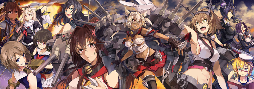 6+girls agano_(kantai_collection) bare_shoulders black_hair blonde_hair book breasts brown_hair budget_sarashi choukai_(kantai_collection) dark_skin eyepatch glaive glasses gloves green_eyes hair_ornament hat headgear i-8_(kantai_collection) kantai_collection long_hair maya_(kantai_collection) mechanical_halo midriff multiple_girls musashi_(kantai_collection) mutsu_(kantai_collection) navel neko_(yanshoujie) open_mouth personification purple_hair red_eyes sailor_dress sarashi school_swimsuit school_uniform serafuku short_hair skirt swimsuit sword tatsuta_(kantai_collection) tenryuu_(kantai_collection) thigh-highs twintails weapon yamato_(kantai_collection) yellow_eyes yukikaze_(kantai_collection) yuudachi_(kantai_collection)