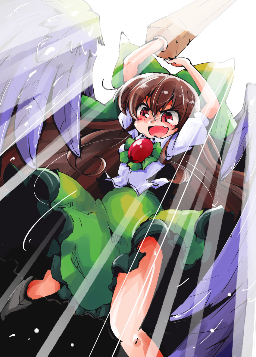 &gt;:d 1girl :d absurdres arm_cannon bow brown_hair cape hair_bow highres long_hair open_mouth raised_hand red_eyes reiuji_utsuho ribbon shinapuu short_sleeves simple_background skirt smile solo sunburst third_eye touhou very_long_hair weapon wings
