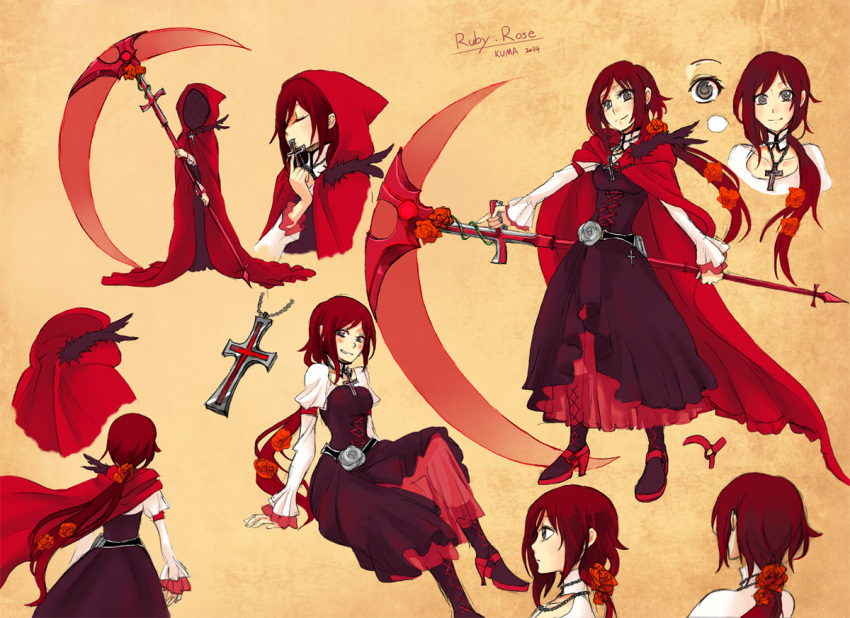 1girl bloodycolor boots cape cross dress grey_eyes high_heels hooded_cloak jewelry necklace ponytail redhead ruby_rose rwby scythe short_hair skirt smile stiletto_heels weapon