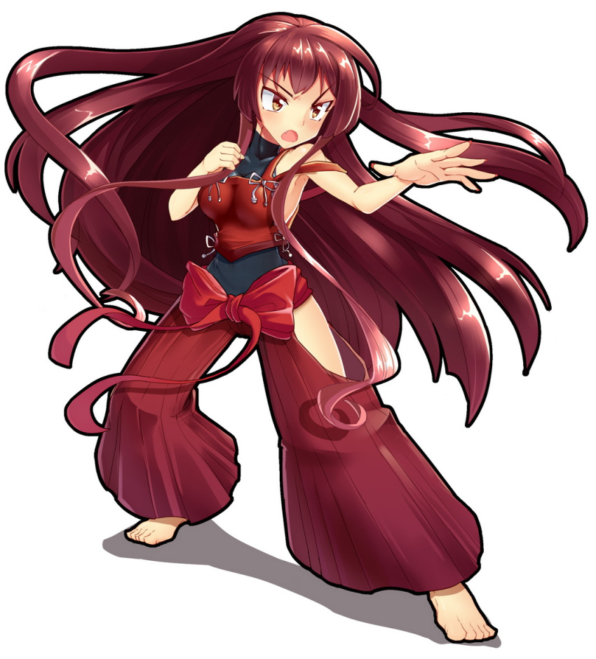 1girl bare_shoulders barefoot breasts brown_eyes brown_hair fang fighting_stance hakama japanese_clothes leotard long_hair m.u.g.e.n nontraditional_miko open_mouth original rumirumi sendai_hakurei_no_miko simple_background solo touhou very_long_hair