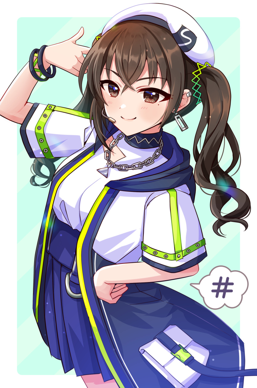 1girl beret black_hair blue_skirt blush bracelet breasts chain_necklace clothing_cutout ear_piercing earrings finger_gun finger_gun_to_head hand_on_hip hat headset highres idolmaster idolmaster_cinderella_girls idolmaster_cinderella_girls_starlight_stage jewelry looking_at_viewer medium_breasts mole mole_under_eye necklace piercing sakura_ran sharp_sign shoulder_cutout simple_background skirt smile solo speech_bubble sunazuka_akira twintails
