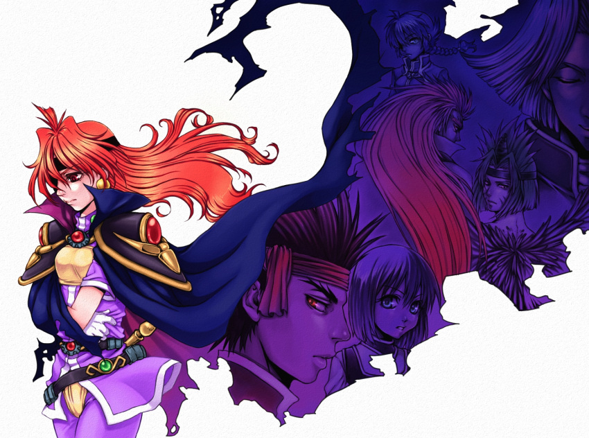 2girls 5boys belt blackzizi cape chaos_dragon_garv earrings expressionless gloves headband hellmaster_phibrizzo jewelry lina_inverse long_hair luke multiple_boys multiple_girls orange_hair pauldrons red_eyes rezo_the_red_priest sherra slayers valgarv white_background