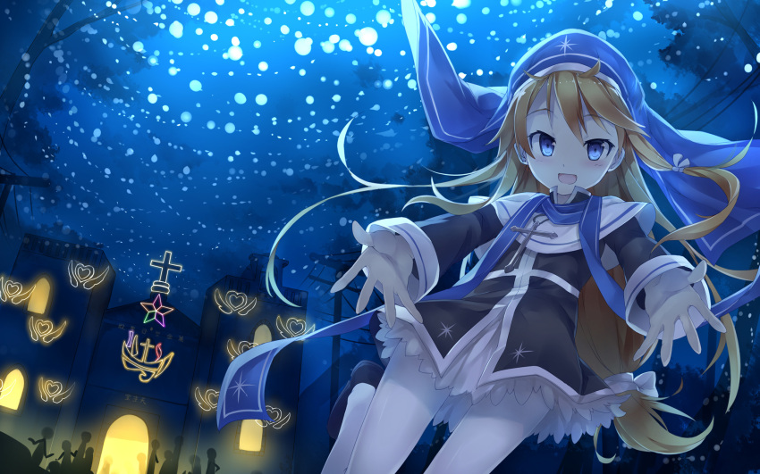 1girl 2013 blonde_hair blue_eyes blush character_request chinese christianity church copyright_name cross fred04142 habit hair_ribbon highres long_hair magi_in_wanchin_basilica night nun outdoors outstretched_arms outstretched_hand pantyhose power_lines real_world_location ribbon shoes smile solo standing wallpaper white_legwear