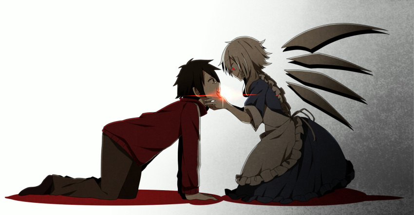 1boy 1girl black_hair detached_wings dress eye_contact hand_on_another's_cheek hand_on_another's_face highres kagerou_project kisaragi_shintarou kozakura_mary looking_at_another ponita red_eyes spoilers white_hair wings
