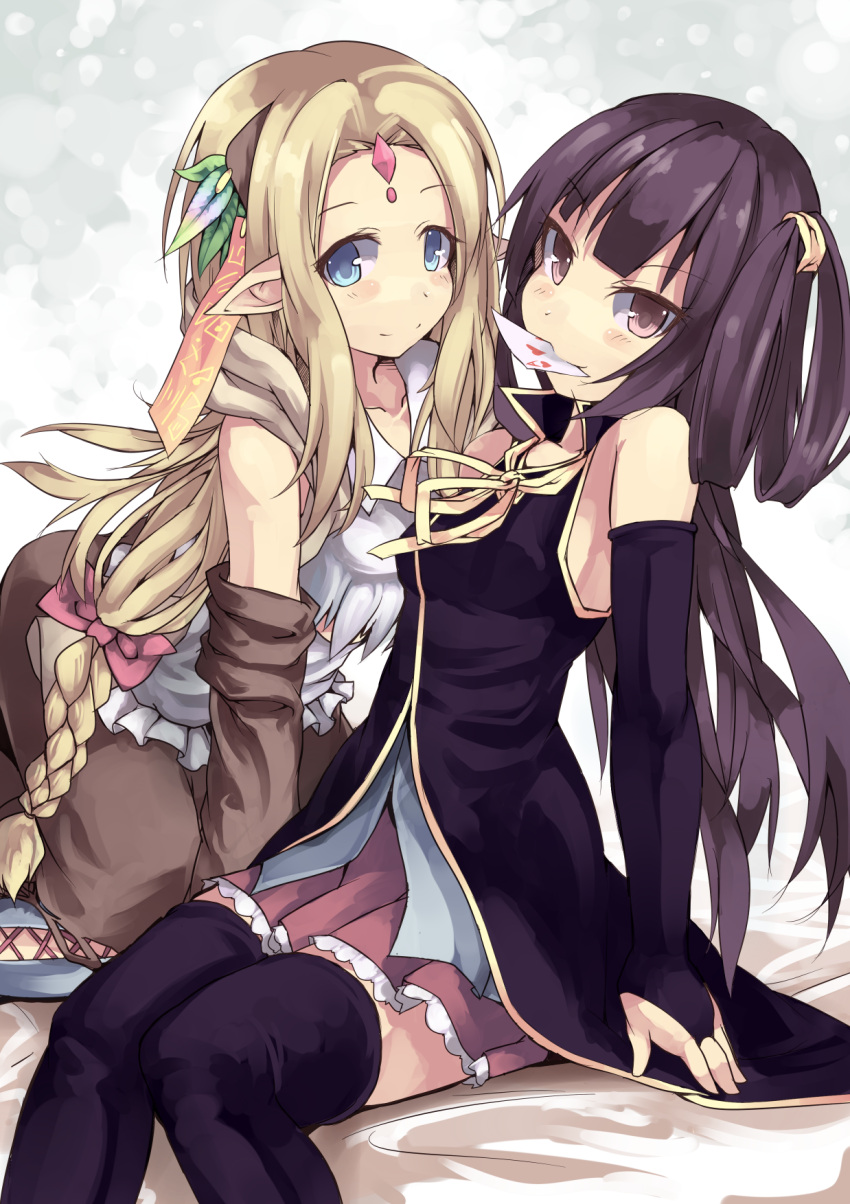 2girls bare_shoulders black_hair blonde_hair blue_eyes blush brown_eyes card clammy_zell elf feel_nilvalen highres long_hair looking_at_viewer mouth_hold multiple_girls no_game_no_life nomalandnomal pointy_ears smile yuri