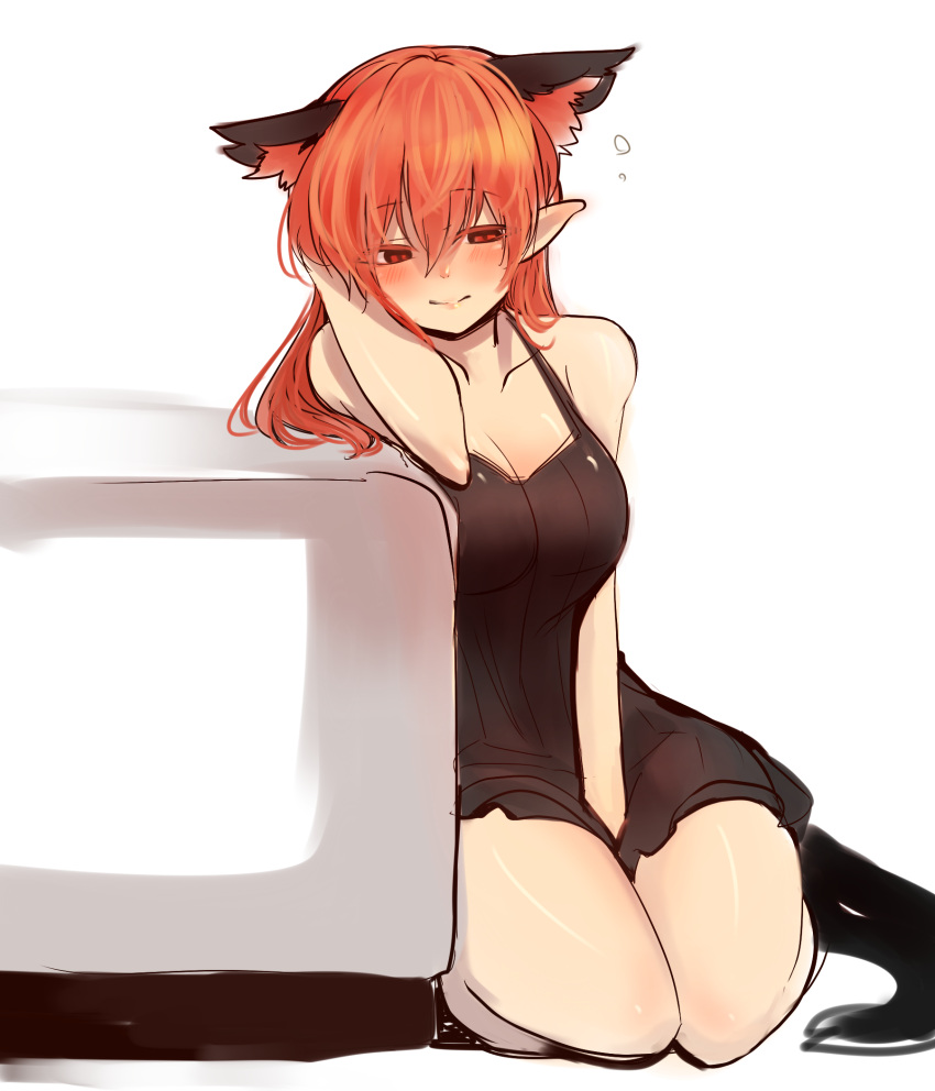 1girl alternate_costume alternate_hairstyle animal_ears blush breasts cat_ears cleavage extra_ears highres kaenbyou_rin large_breasts long_hair mizuga pointy_ears red_eyes redhead rough simple_background solo tail touhou white_background