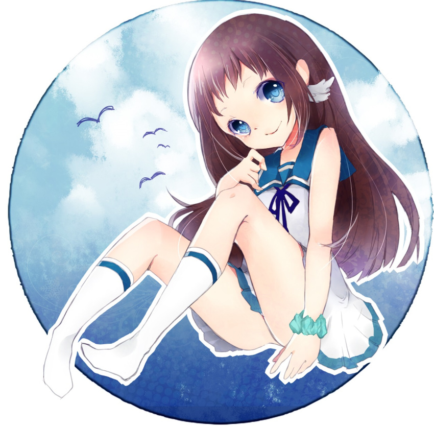 1girl blue_eyes brown_hair highres long_hair mukaido_manaka nagi_no_asukara sailor_dress school_uniform serafuku shirogane_rai socks