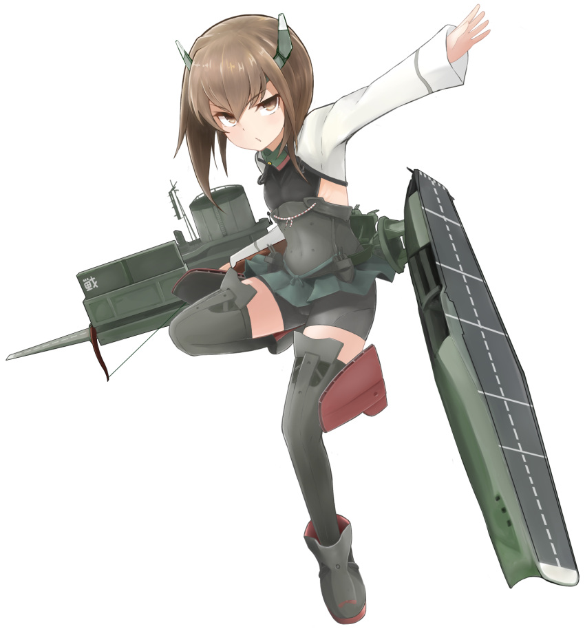 1girl bike_shorts black_legwear blush boots bow_(weapon) brown_eyes brown_hair crossbow flat_chest hasai_(mekkan) headband headgear highres kantai_collection personification pleated_skirt revision short_hair shorts_under_skirt skirt solo taihou_(aircraft_carrier) taihou_(kantai_collection) thigh-highs weapon