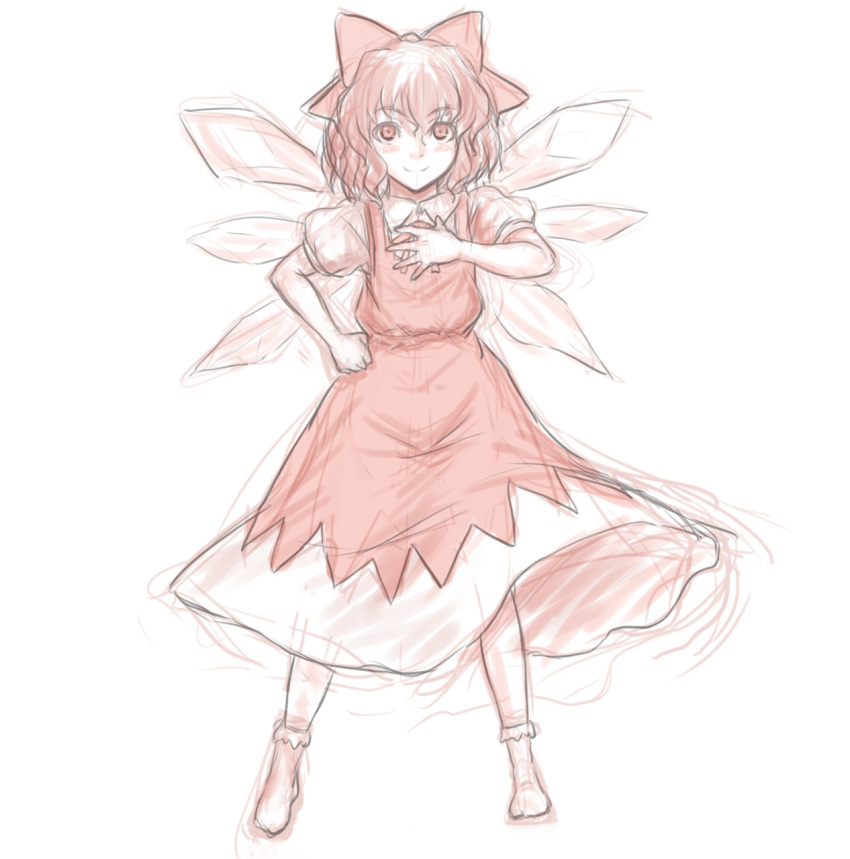 1girl bow cirno dress hair_bow hand_on_own_chest highres ice ice_wings kuro_suto_sukii looking_at_viewer puffy_short_sleeves puffy_sleeves rough shirt short_sleeves smile solo touhou wings