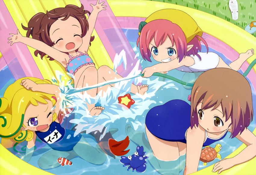 4girls absurdres arms_up blonde_hair brown_hair character_request closed_eyes copyright_request crab feet highres hose multiple_girls nyantype official_art one_eye_closed open_mouth school_swimsuit swimsuit turtle violet_eyes water wink
