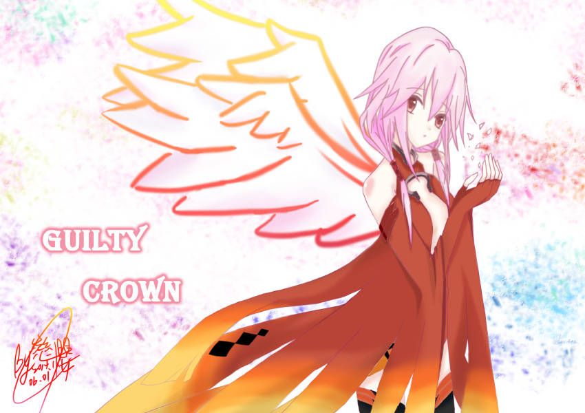 1girl bare_shoulders black_legwear breasts center_opening cleavage detached_sleeves elbow_gloves fake_wings fingerless_gloves gloves guilty_crown hair_ornament hairclip highres long_hair looking_at_viewer navel open_mouth painted pink_hair red_eyes solo thigh-highs twintails wings yuzuriha_inori