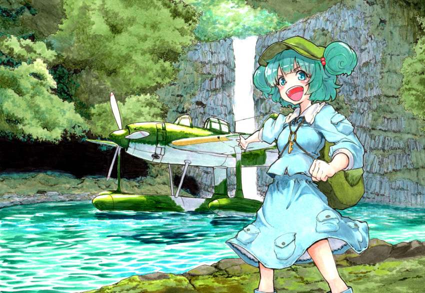 1girl airplane backpack bag dress green_hair hat kawashiro_nitori marker_(medium) millipen_(medium) outstretched_arm shiratama_(hockey) solo touhou traditional_media water waterfall