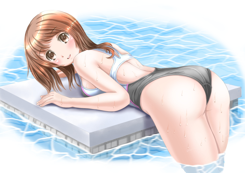 1girl brown_eyes brown_hair competition_swimsuit long_hair lying on_stomach one-piece_swimsuit original reiji-sss swimsuit water wet