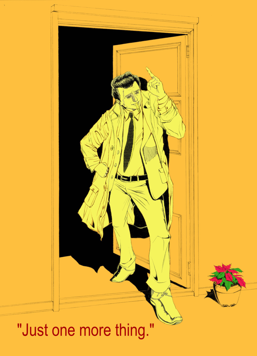 1boy absurdres catchphrase cigar columbo_(detective) curly_hair door flower flower_pot formal hand_on_hip highres necktie pointing pointing_up raincoat simple_background suit