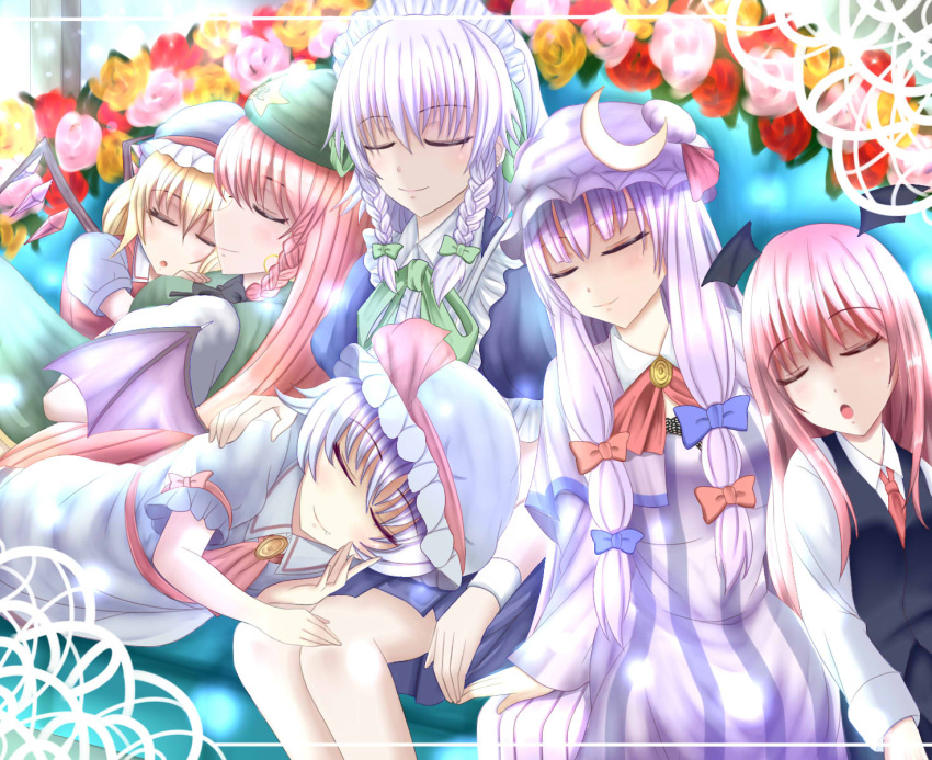 6+girls :o ascot bat_wings blonde_hair border bow braid brooch couch crescent_hair_ornament double_bun dress flandre_scarlet flower hair_bow hair_ornament hand_on_another's_chest hand_on_another's_shoulder hat hat_ribbon head_on_chest head_wings highres hong_meiling izayoi_sakuya jewelry koakuma lavender_hair leaning_on_person long_sleeves lying_on_lap maid_headdress mob_cap multiple_girls necktie patchouli_knowledge payot pink_rose purple_hair red_rose redhead remilia_scarlet ribbon robe rose short_sleeves silver_hair skirt skirt_set sleeping smile star striped striped_dress touhou twin_braids vest wendell wings wrist_cuffs yellow_rose