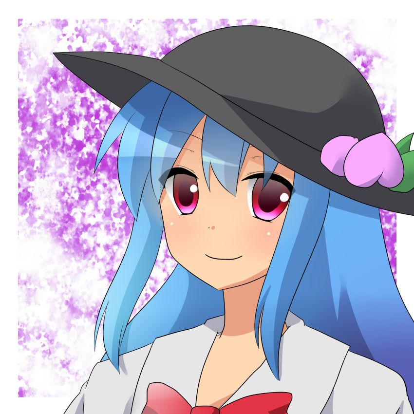 1girl blue_eyes bowtie bust collared_shirt food food_on_clothes fruit hat highres hinanawi_tenshi kuyuri_y long_hair looking_at_viewer peach red_eyes smile solo touhou