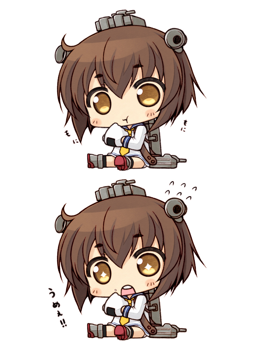+_+ 1girl blush brown_eyes brown_hair chibi eating flying_sweatdrops hair_ornament highres kantai_collection naturalton open_mouth rice sailor_dress school_uniform short_hair simple_background translation_request white_background yukikaze_(kantai_collection)