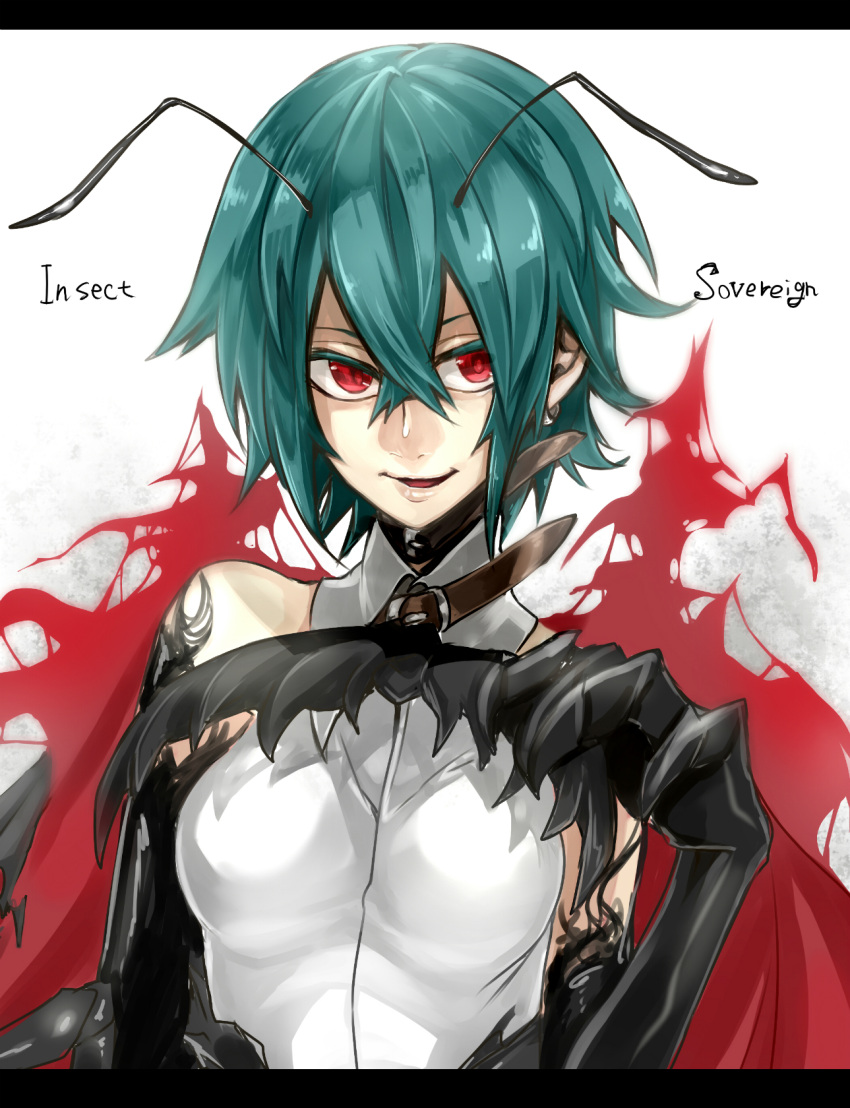 1girl antennae aqua_hair bifrst black_gloves bust cape claws elbow_gloves gloves highres letterboxed open_mouth red_eyes sleeveless sleeveless_shirt smile solo touhou wriggle_nightbug