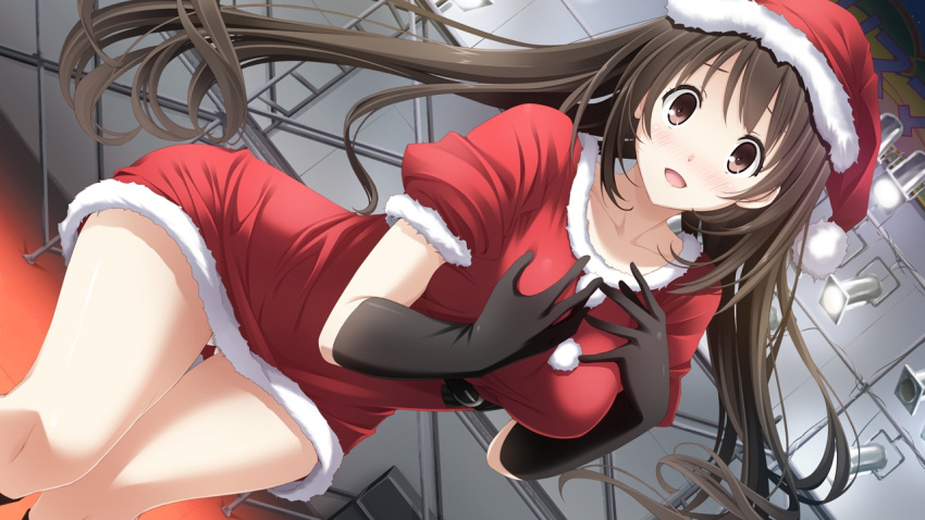 1girl artist_request blush brown_eyes brown_hair character_request copyright_request floating_hair gloves hat long_hair open_mouth santa_costume santa_hat short_sleeves solo