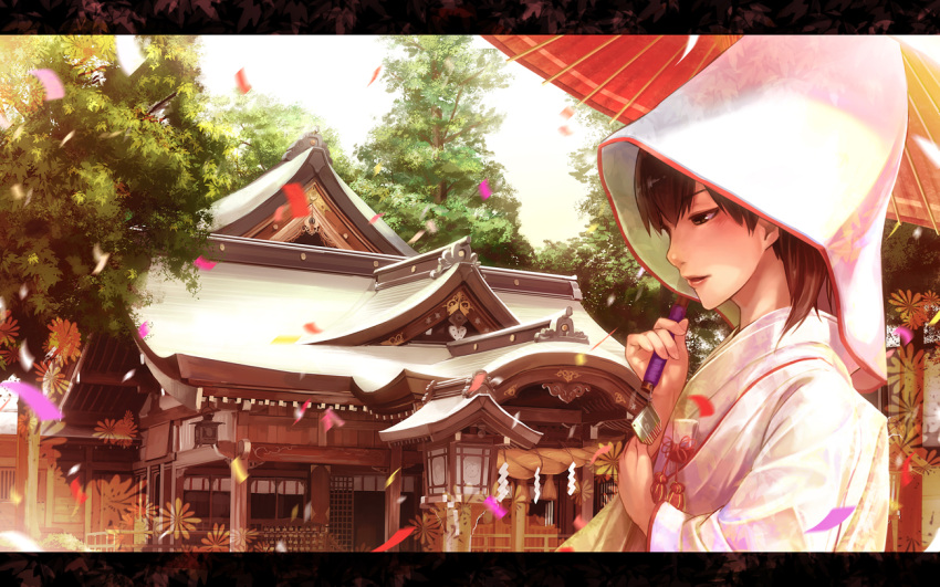 1girl architecture brown_eyes brown_hair bust confetti dress east_asian_architecture japanese_clothes kaga_(kantai_collection) kantai_collection letterboxed lif lips parasol profile rope shide shimenawa short_hair shrine tree umbrella veil wedding_dress
