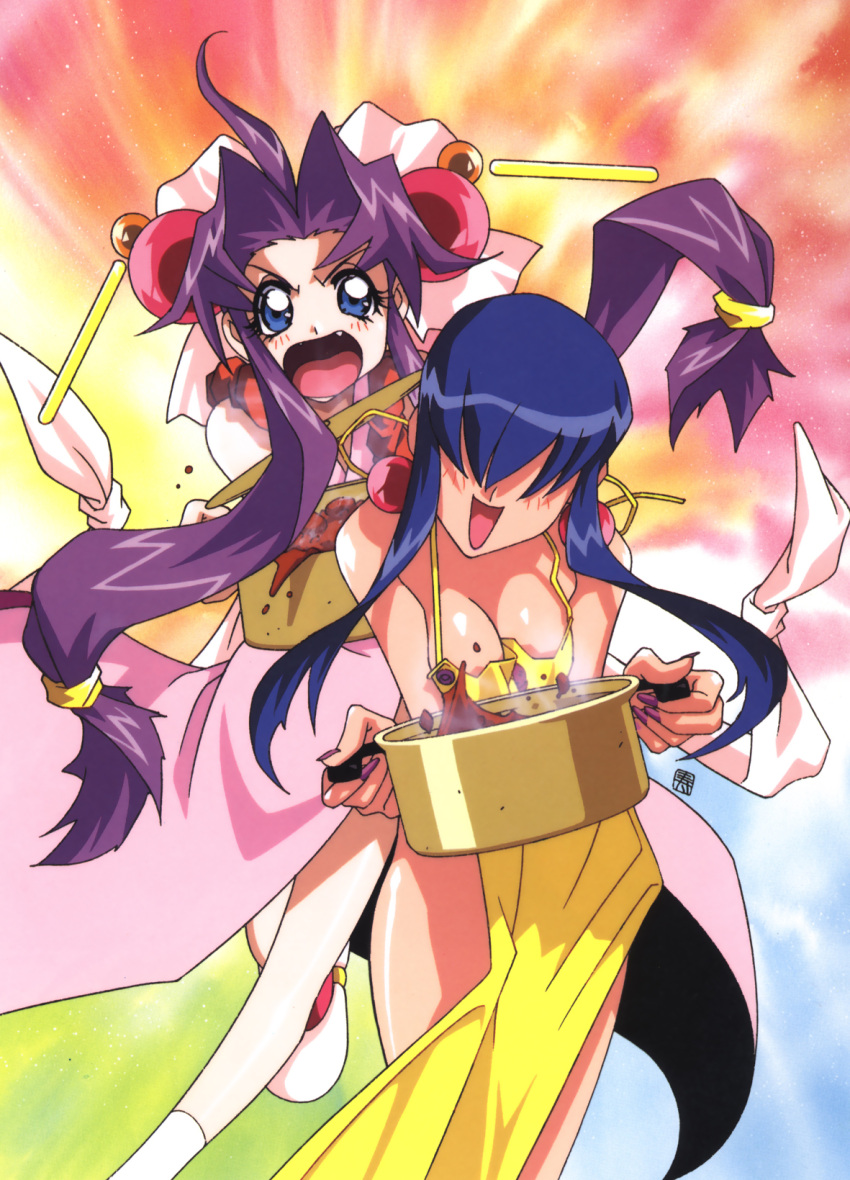 2girls 90s ahoge apron blue_eyes breasts carrying cherry_(saber_j) cleavage fang floating_hair food hair_over_eyes highres kotobuki_tsukasa long_hair luchs multiple_girls nail_polish naked_apron official_art open_mouth payot pot purple_hair saber_marionette_j