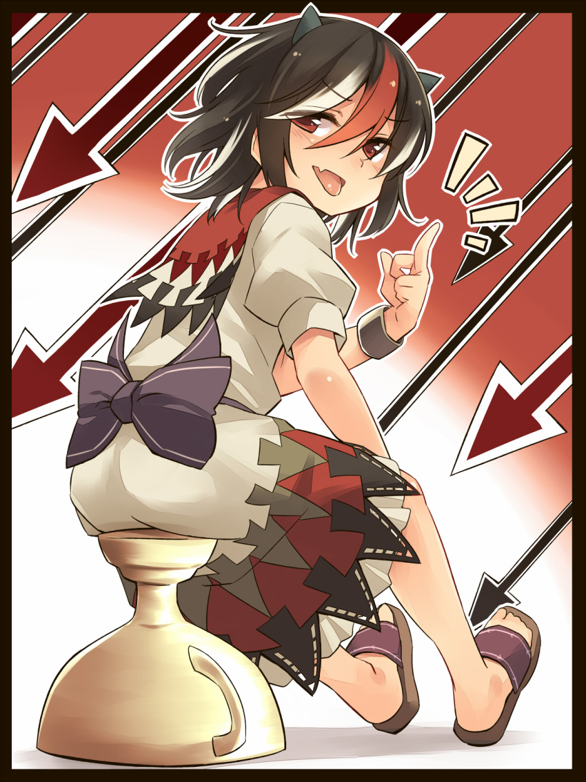 1girl black_hair bracelet dress fang frame highres horns jewelry kijin_seija looking_at_viewer looking_back multicolored_hair open_mouth puffy_short_sleeves puffy_sleeves red_eyes redhead short_sleeves silver_hair sitting slippers solo stool streaked_hair tongue tongue_out touhou white_dress yudepii