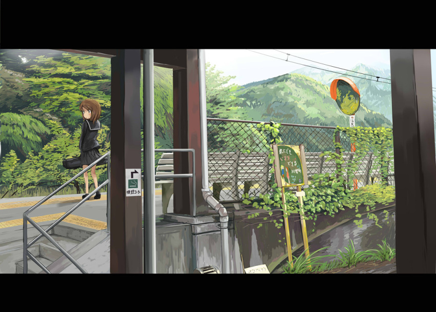 1girl arrow bench carrying fence instrument_case letterboxed mirror mountain original outdoors power_lines scenery school_uniform serafuku short_hair sign skirt sky solo stairs train_station tree wu_ba_pin