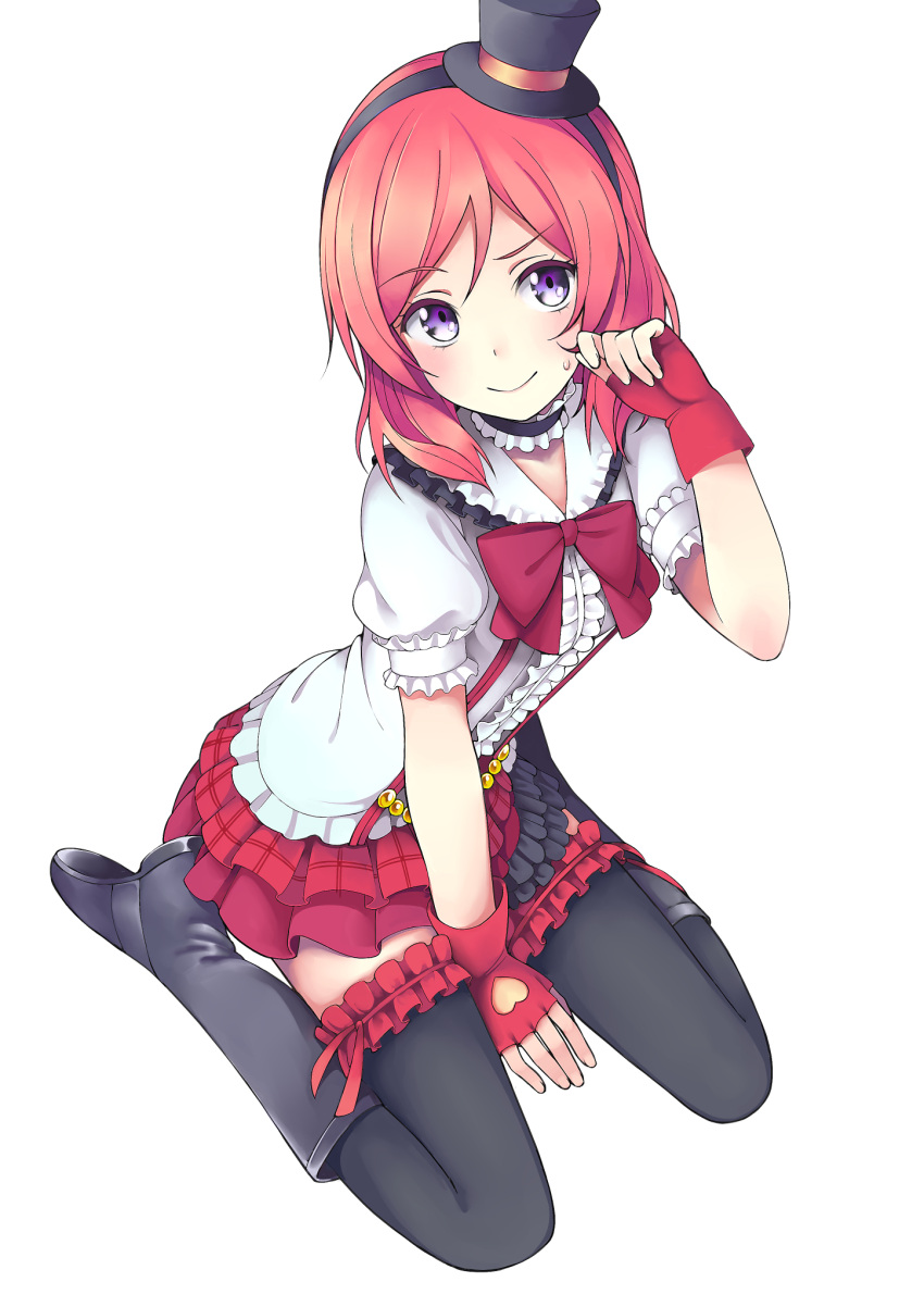 1girl black_legwear blush boots collar fingerless_gloves gloves hat heart highres love_live!_school_idol_project nishikino_maki nnyu purple_eyes red_hair ribbon short_hair skirt smile solo sweat thighhighs