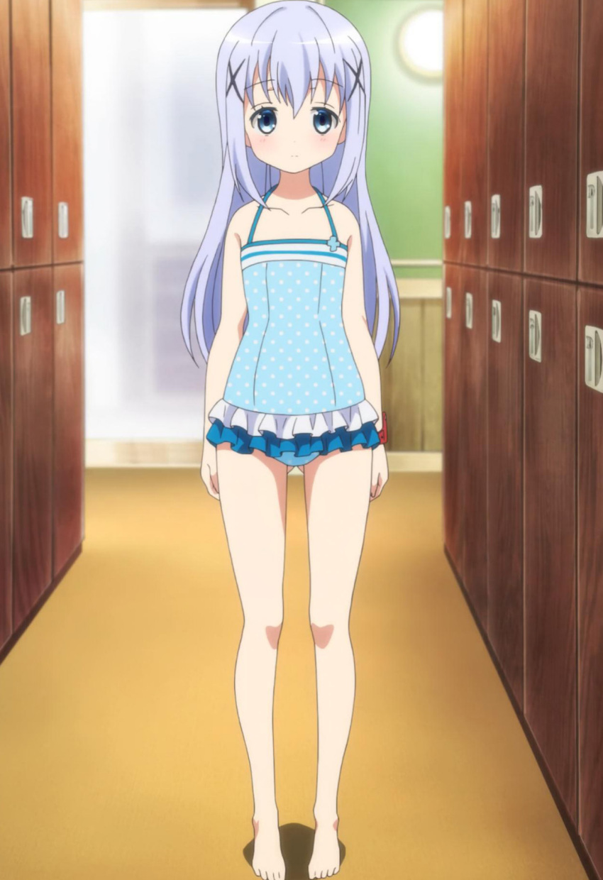 1girl blue_eyes blush gochuumon_wa_usagi_desuka? highres kafuu_chino screencap solo swimsuit white_hair