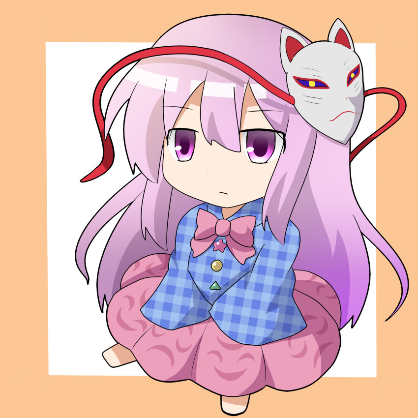 1girl blue_shirt bowtie buttons chibi collared_shirt expressionless hata_no_kokoro highres kuyuri_y long_hair long_skirt long_sleeves mask_on_head pink_skirt plaid plaid_shirt purple_hair simple_background skirt sleeves_past_wrists solo touhou wide_sleeves