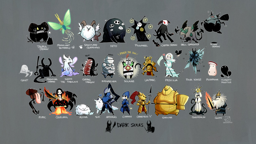 3girls 6+boys alvina_of_the_darkroot_wood armor artorias_the_abysswalker asylum_demon beard belfry_gargoyle capra_demon cat chaos_witch_quelaag chibi crown dark_souls dark_sun_gwyndolin dragon dragon_slayer_ornstein dual_wielding english everyone executioner_smough facial_hair flaming_sword gaping_dragon ghost gravelord_nito great_grey_wolf_sif gwyn_lord_of_cinder halberd hammer highres horns inkinesss knight_lautrec_of_carim lord's_blade_ciaran mimic_chest moonlight_butterfly_(dark_souls) multiple_boys multiple_girls multiple_heads mushroom_parent pinwheel_(dark_souls) polearm praise_the_sun priscilla_the_crossbreed prowling_demon sanctuary_guardian seath_the_scaleless sickle siegmeyer_of_catarina solaire_of_astora souls_(from_software) spear sword taurus_demon the_four_kings tongue weapon wings