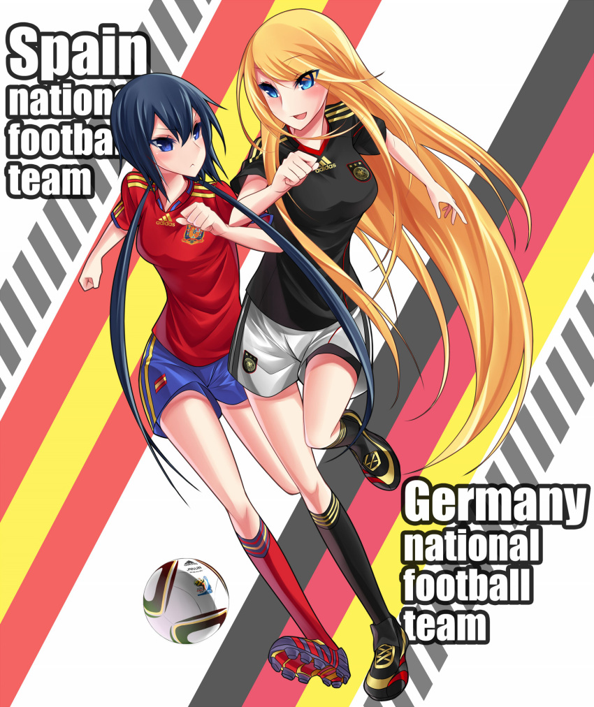 2010_fifa_world_cup 2girls adidas artist_request ball black_hair blonde_hair blue_eyes breasts character_request german_flag germany height_difference highres jabulani long_hair multiple_girls running smile soccer soccer_ball soccer_uniform spain spanish_flag sportswear twintails very_long_hair violet_eyes world_cup