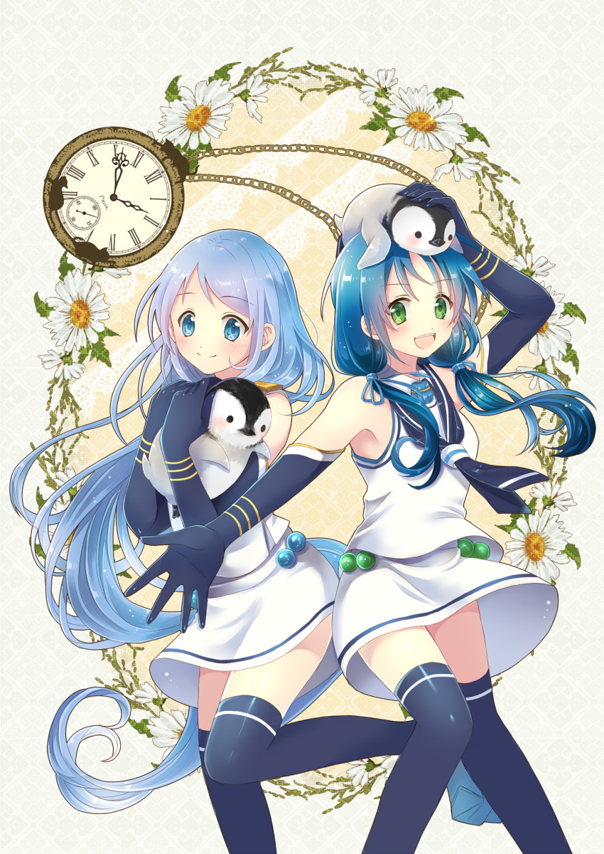 2girls bird blue_eyes blue_hair elbow_gloves gloves green_eyes highres kantai_collection long_hair multiple_girls open_mouth penguin personification samidare_(kantai_collection) school_uniform serafuku skirt smile suzukaze_(kantai_collection) thighhighs twintails white_s