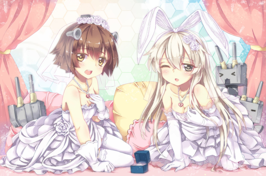 2girls alternate_costume bare_shoulders blonde_hair blush breasts bridal_veil brown_eyes brown_hair cleavage dress elbow_gloves flower gloves hair_flower hair_ornament heart heart-shaped_lock heart-shaped_pupils highres jewelry kantai_collection long_hair looking_at_viewer multiple_girls necklace north_abyssor one_eye_closed open_mouth rensouhou-chan ring rose shimakaze_(kantai_collection) short_hair small_breasts smile symbol-shaped_pupils veil wedding_band wedding_dress white_gloves white_legwear white_rose wink yukikaze_(kantai_collection)