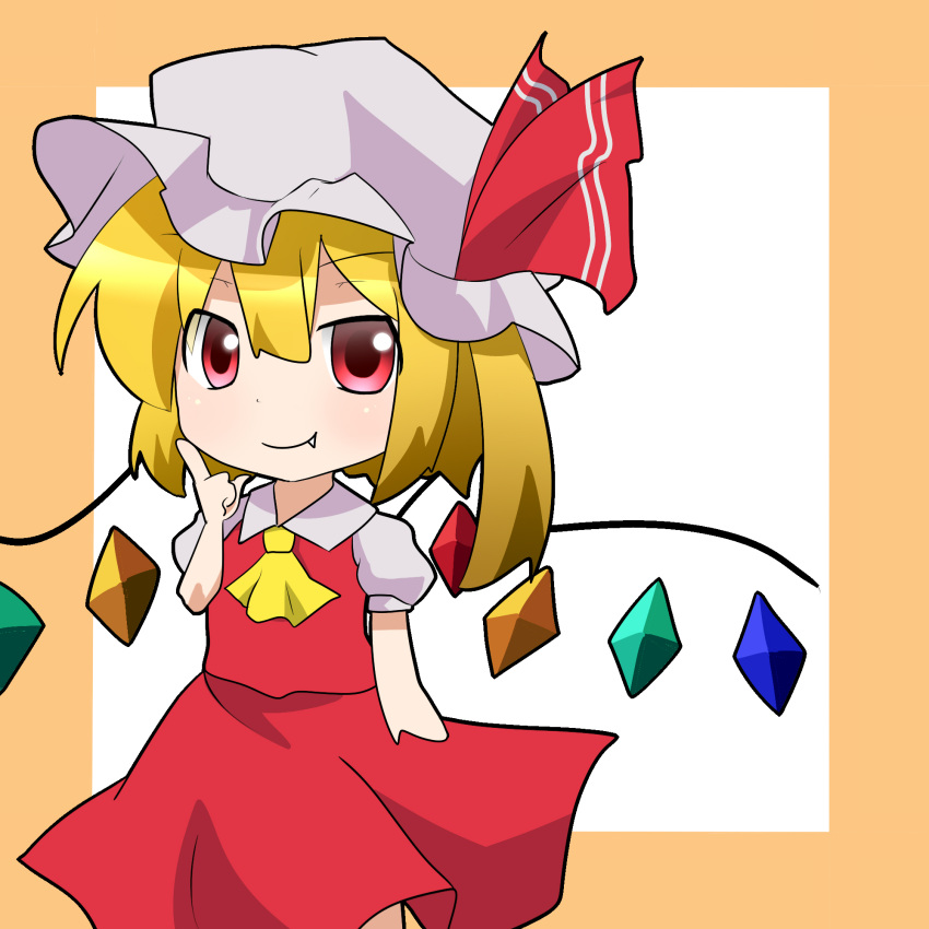 1girl ascot blonde_hair chibi collared_shirt fang fang_out finger_to_cheek flandre_scarlet hat hat_ribbon highres kuyuri_y looking_at_viewer mob_cap puffy_short_sleeves puffy_sleeves red_eyes ribbon short_sleeves side_ponytail simple_background skirt skirt_set smile solo touhou vest wings