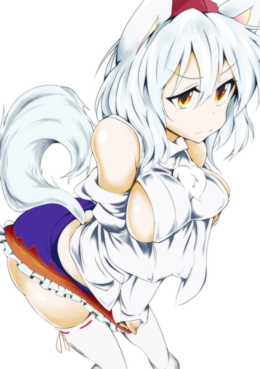 1girl absurdres animal_ears bare_shoulders bent_over breast_hold breasts derivative_work detached_sleeves hat highres inubashiri_momiji large_breasts midriff miniskirt orange_eyes pom_pom_(clothes) short_hair sideboob silver_hair skirt skirt_pull solo tail tears thigh-highs tokin_hat touhou unhappy white_legwear wolf_ears wolf_tail