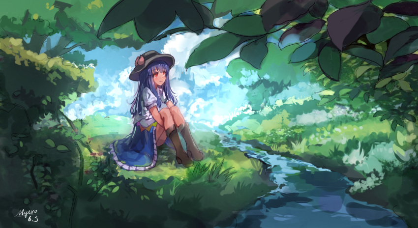 1girl blue_hair food forest fruit grass hat highres hinanawi_tenshi leg_hug myero nature peach puffy_short_sleeves puffy_sleeves red_eyes river shirt short_sleeves sitting skirt smile solo touhou tree