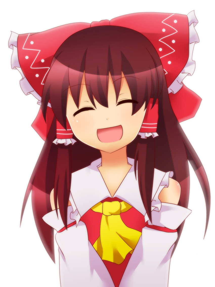1girl :d ^_^ absurdres ascot bare_shoulders bow brown_hair closed_eyes detached_sleeves frilled_shirt_collar hair_bow hair_tubes hakurei_reimu highres kuyuri_y large_bow long_hair long_sleeves open_mouth simple_background smile solo touhou v_arms wide_sleeves