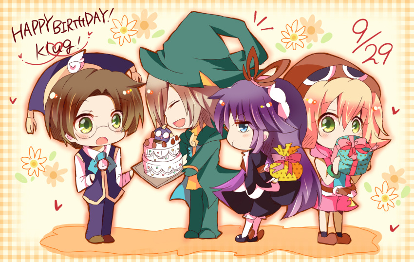 amitie birthday_cake blue_eyes brown_hair cake chibi closed_eyes dated feli flower food gift glasses gloves gothic_lolita green_eyes hair_ornament hair_ribbon hairband happy_birthday hat highres klug lemres lolita_fashion long_hair purple_hair puyopuyo puyopuyo_fever puyopuyo_fever_2 ribbon