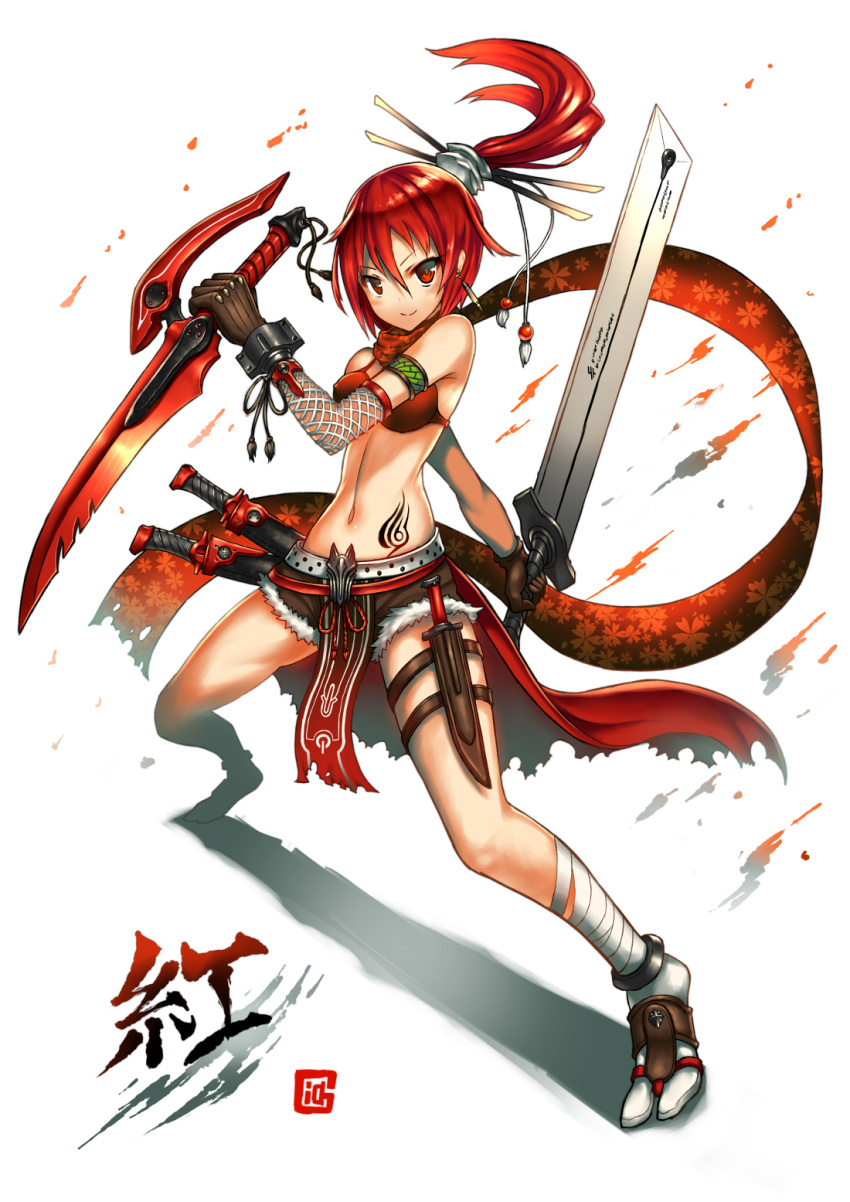 1girl bikini_top gia highres long_hair navel original ponytail red_eyes redhead solo sword weapon
