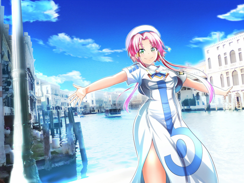 1girl aria beret building clouds dress green_eyes hair_tubes hat kurorettsu long_hair mizunashi_akari outstretched_arms photo_background pink_hair river short_sleeves side_slit sky solo spread_arms stream uniform water white_dress
