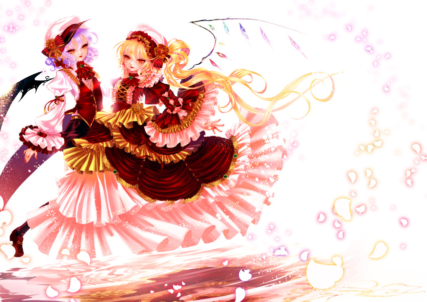 2girls absurdres alternate_costume ascot bat_wings belt blonde_hair brooch chirarizushi dress fingernails flandre_scarlet flower frilled_dress frilled_sleeves frills hat hat_flower high_collar highres jewelry juliet_sleeves lavender_hair leg_up light_smile lips long_sleeves looking_at_viewer multiple_girls nail_polish petals puffy_sleeves red_eyes remilia_scarlet shoes short_hair siblings side_ponytail simple_background sisters touhou vest white_background wings