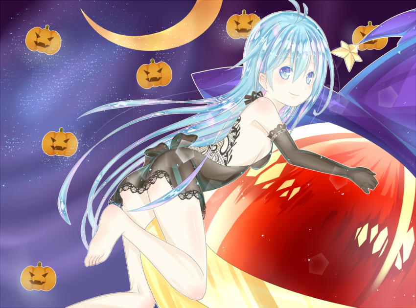 bare_legs bare_shoulders barefoot blue_eyes blue_hair denpa_onna_to_seishun_otoko dress galaxy gloves halloween hat long_hair moon one_eye_closed priyaphr pumpkin ribbon sky smile star touwa_erio ufo very_long_hair wink