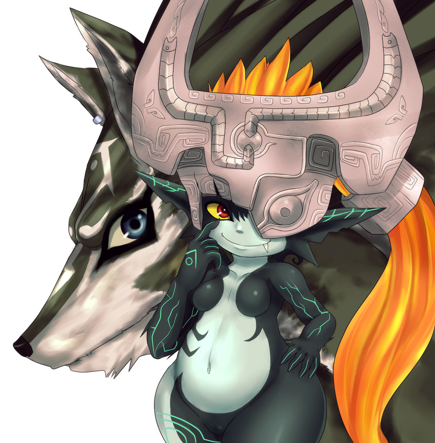 1girl animal blue_eyes ear_piercing fang hand_on_hip helmet highres imp link_(wolf) long_hair mato_spectoru midna navel no_nipples one_eye_covered piercing pointy_ears small_breasts the_legend_of_zelda twilight_princess wide_hips wolf yellow_sclera