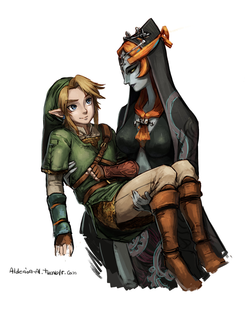 1boy 1girl alderion-al blue_skin boots bracer carrying front_ponytail highres hood knee_boots link midna midna_(true) orange_hair pantyhose pointy_ears princess_carry role_reversal smile spoilers the_legend_of_zelda tunic twilight_princess