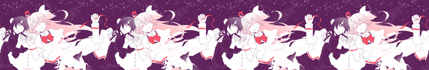 2girls akemi_homura black_hair black_legwear bow closed_eyes dated dress funeral_dress gloves goddess_madoka hair_bow hairband highres kaname_madoka long_hair long_image looking_at_another mahou_shoujo_madoka_magica mahou_shoujo_madoka_magica_movie multiple_girls multiple_persona pink_hair pinky_swear school_uniform short_hair short_twintails signature skirt sky smile sorato_(astllatte) spoilers star_(sky) starry_sky twintails two_side_up white_gloves wide_image