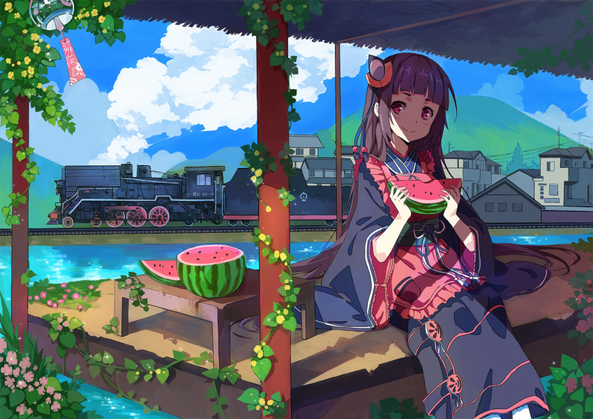 1girl apron black_hair building eating food fruit hair_ornament japanese_clothes locomotive lolita_fashion long_hair looking_at_viewer mountain original red_eyes sitting smile solo table tagme train wa_lolita watermelon wind_chime zhuxiao517