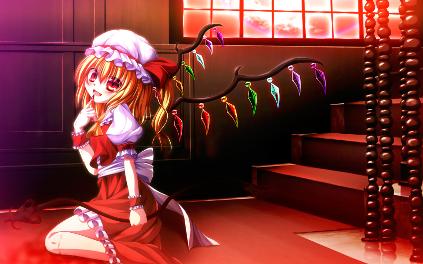 1girl ascot blonde_hair blood fang flandre_scarlet gradient gradient_background hat hatomura_(tareneko_club) head_tilt highres holding laevatein open_mouth red_eyes side_ponytail sitting smile solo stairs tagme touhou wings wristband
