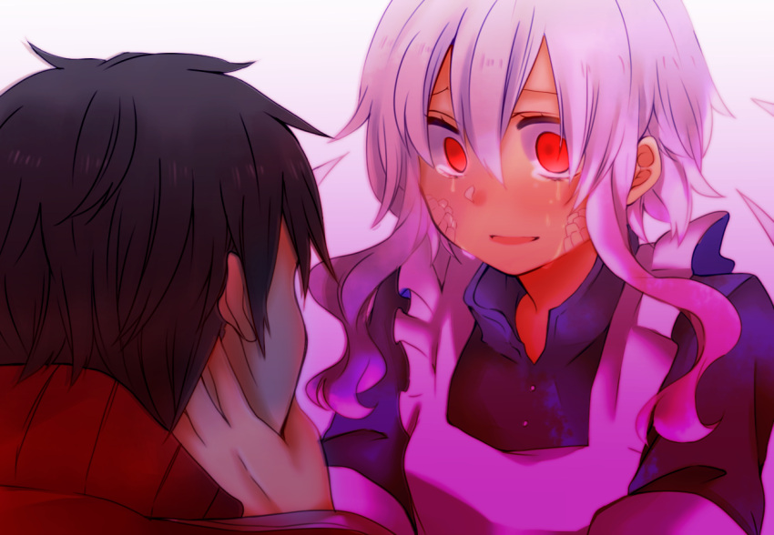 1boy 1girl black_hair hand_on_another's_face kagerou_project kisaragi_shintarou kozakura_mary looking_at_another monaco0704 red_eyes scales silver_hair spoilers tears
