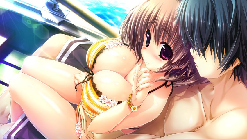 1boy 1girl bikini black_hair blush bracelet breasts brown_hair cleavage clenched_hand front-tie_top game_cg highres hug hug_from_behind jewelry large_breasts oshiki_hitoshi sakigake_generation! shikishima_natsume short_hair short_twintails sitting sitting_on_person smile swim_trunks swimsuit twintails violet_eyes water yellow_bikini